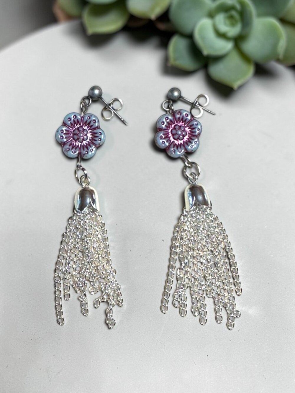 Silver Tassel Earrings Czech Glass Flower Floral Dangle Stainless Steel - Picture 6 of 9